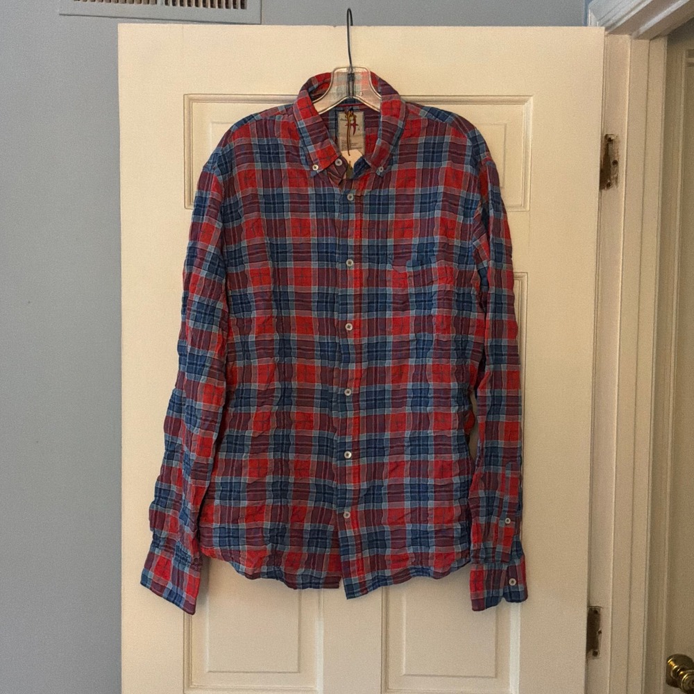 Relwen Rumpled Lawn Shirt Red Blue Plaid L Huckberry NWT New Casual Button Down